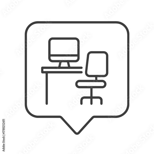 Minimalist line vector of an office desk setup with chair and computer in square pin shape, representing workplace design, employee environment, and business operations.