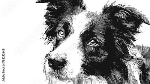 Black and White Dog Drawing with Black Face and Blue Collar