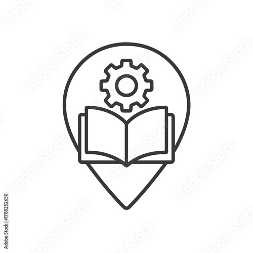 Thin-line book with gear icon inside a square pin, symbolizing technical documentation and learning. Perfect for UI help guides and configuration systems.
