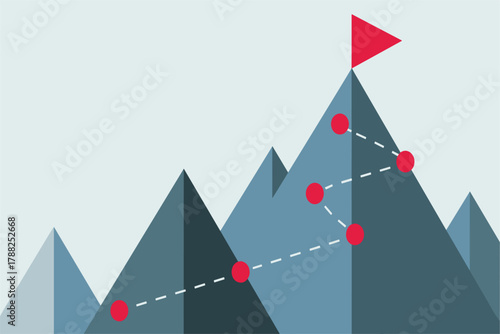 Mountain Peak with Red Flag and Dotted Path 