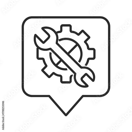 Thin-line wrench and gear icon inside a square pin, symbolizing setup and system repair. Perfect for configuration dashboards and technical maintenance designs.