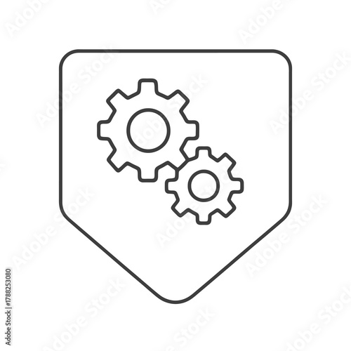 Thin-line interlocking gears icon inside a square pin, symbolizing process coordination and setup. Perfect for configuration systems and technical dashboards.