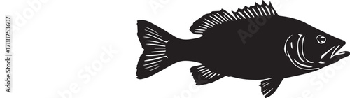 Bass fish silhouette in black profile with detailed fins, scales, and open mouth for aquatic themes