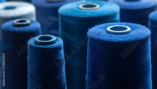 A close-up of blue thread spools with varying shades and textures, creating a visually rhythmic, textile arrangement