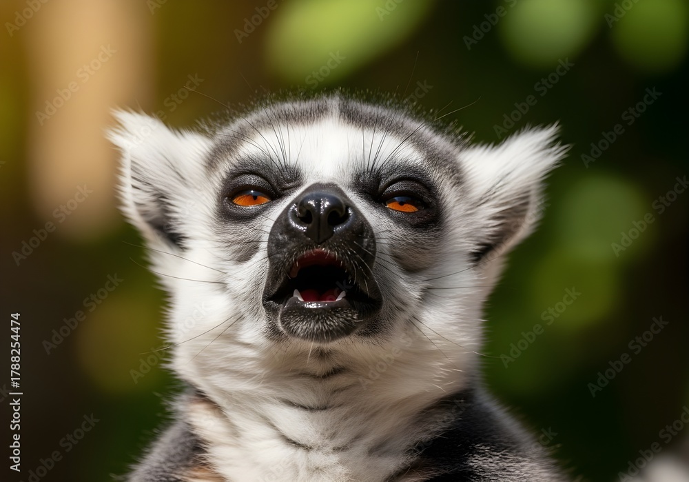 Naklejka premium Cute portrait of a wild ring-tailed lemur, Lemur catta, with black and white fur, looking with funny eyes from a tree in Madagascar wildlife