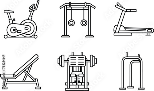 Gym equipment icon set, fitness machine silhouette, workout gear collection, cad drawing flat vector illustration