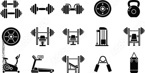 Gym equipment icon set, fitness machine silhouette, workout gear collection, cad drawing flat vector illustration