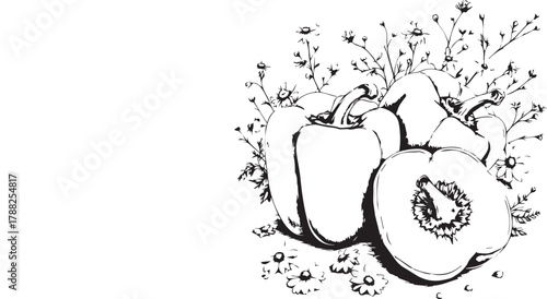 Bell peppers with sliced interior and floral sprigs in black line art for culinary and botanical themes