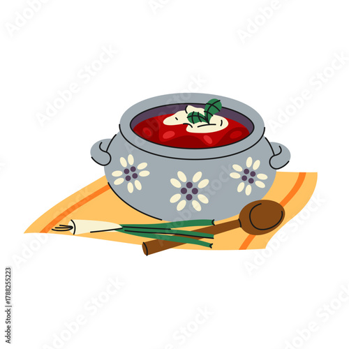 Borsch or beetroot soup. Vector traditional Ukrainian or Slavic red vegetable broth with beet, cabbage, potato, carrot, onion. Eastern European meal or dish. Cooked food in bowl. Family dinner icon.