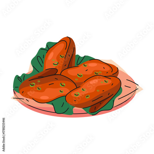 Buffalo wings meal. Vector spicy chicken food or pub meat snack, fried appetizer or poultry platter served as American fast food. Marinated dish for barbecue. Dinner or lunch culinary. Grilled cuisine