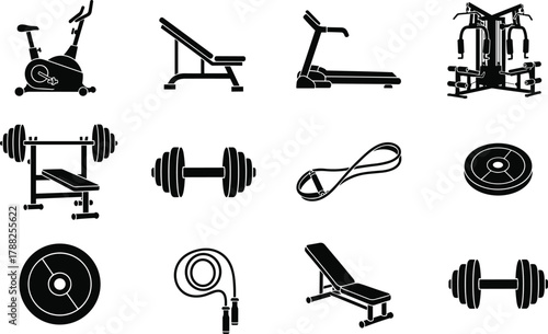 Gym Equipment Silhouettes, Fitness Icons Grid, Dumbbell, Bench, Treadmill, Bike, CAD Drawing Flat Vector Illustration