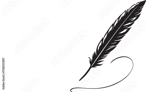 Black silhouette of quill pen with flourish suggesting motion in elegant vintage illustration style
