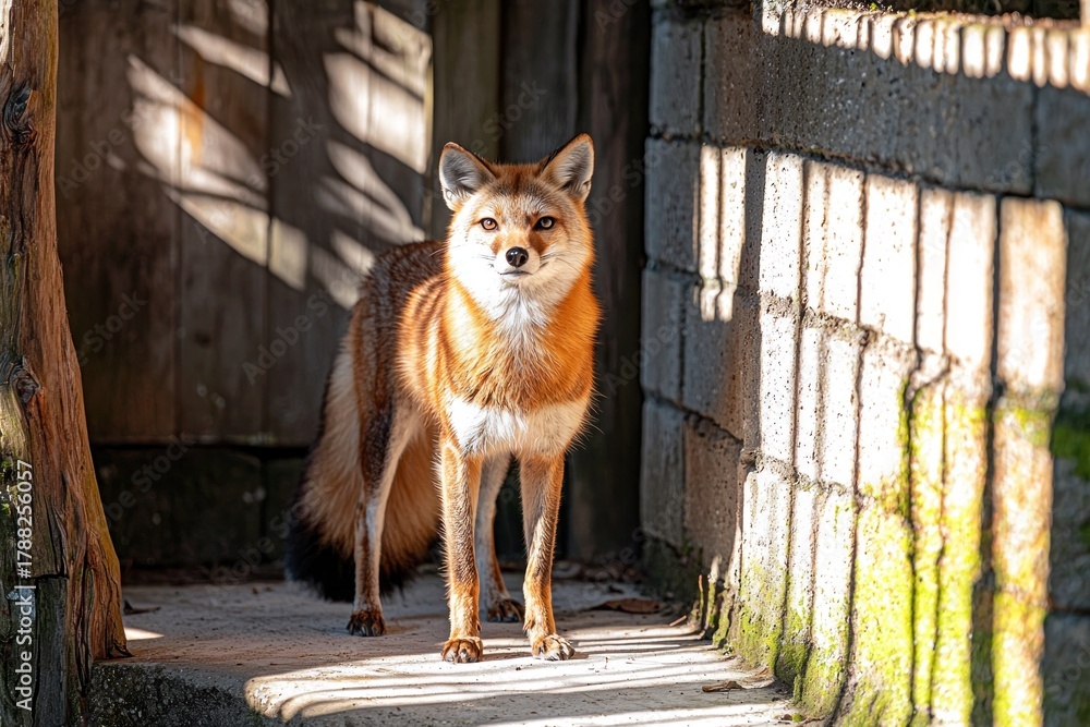 Obraz premium Focused fox stands in sunlight near wooden planks and stone walls
