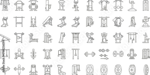 Gym machine, fitness icon, workout gear, exercise equipment, training tools, cad drawing flat vector illustrationGym machine, fitness icon, workout gear, 