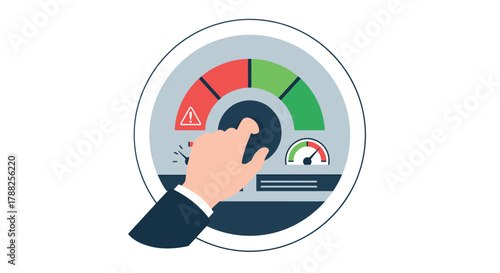 Hand turning a knob on a performance gauge, moving the indicator from the red risk zone to the green success zone for better results.