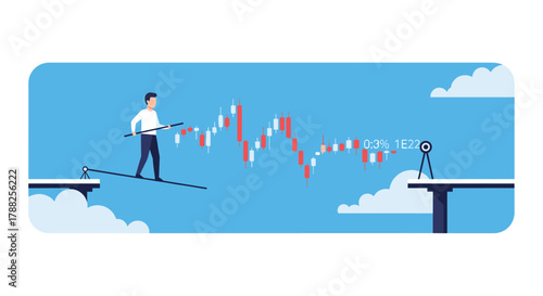 Businessman balancing on a tightrope over the clouds, navigating a volatile stock market candlestick chart to reach a target with a goal.