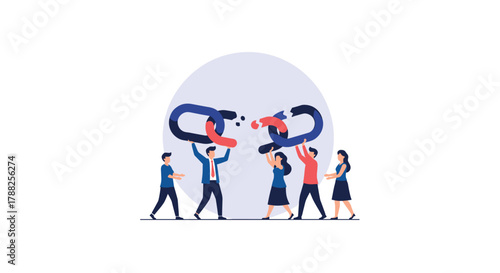 Team of diverse business people working together to connect two large, broken chain links, symbolizing problem-solving, partnership and merging.