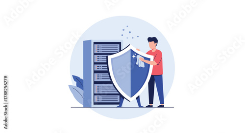 Man carefully cleaning a large shield that is protecting a server rack, illustrating the concept of data security maintenance and system protection.