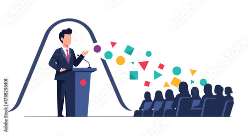 Public speaker at a podium delivering a creative and engaging presentation to a large audience, with abstract shapes flowing from his speech.