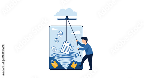 Man using a fishing pole to retrieve documents from a digital whirlpool, with data being pulled from a cloud, symbolizing a data breach.