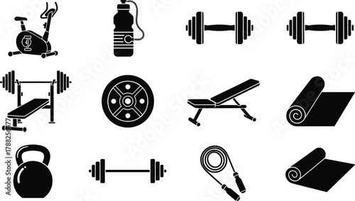 Gym silhouette icon set, fitness gear collection, workout equipment tools, cad drawing flat vector illustration
