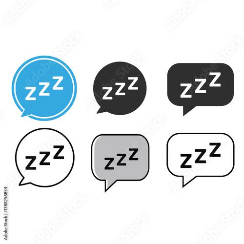 Set of six speech bubble icons with white 'zzz' text inside, symbolizing sleep, fatigue, nap, or deep rest.