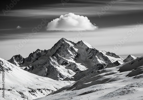 Dramatic black and white photograph of a snowcovered mountain peak with a single fluffy cloud floating above it under a dramatic sky