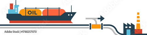 Oil Transportation Illustration Cargo Ship Unloading Crude Oil to Industry via Pipeline