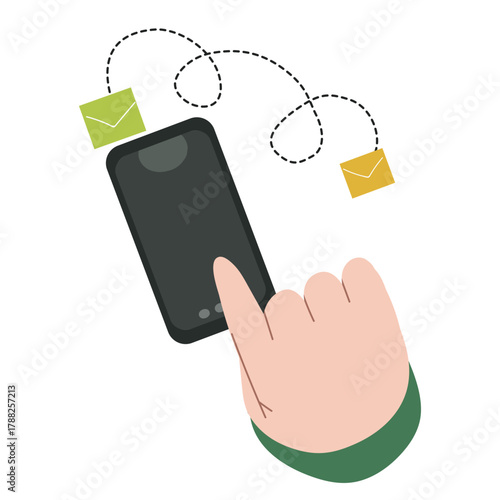 Hand, black smartphone and finger touch on screen. Human using mobile phone, Vector illustration hand drawn.