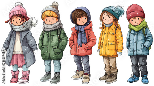 Children Wearing Jackets and Hats Vector Illustration for Design Projects