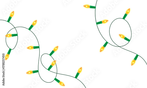 A string of glowing yellow Christmas lights arranged in loops on a white background, creating a festive and cheerful holiday atmosphere. Christmas bulbs twinkle with shine illustration 