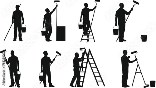 Painter silhouette, wall painting, home improvement, renovation icon, ladder pose, cad drawing flat vector illustration