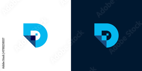 Modern and sleek blue letter D logo with pixelated effect on white and dark background