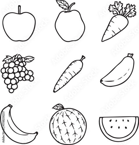 3x3 grid of fruits and vegetables including apple, peach, carrot, banana, melon, and watermelon slice
