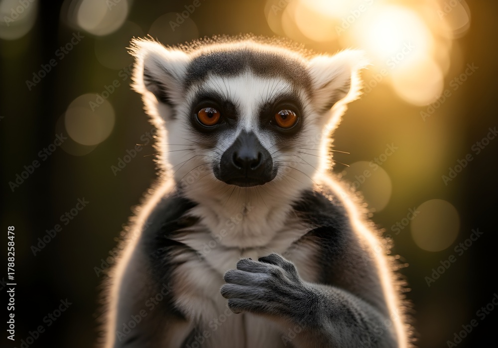 Obraz premium Cute portrait of a wild ring-tailed lemur, Lemur catta, staring with bright eyes from a tree in Madagascar wildlife