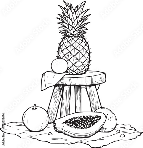 Still life of tropical fruits including pineapple, papaya, and citrus on stool illustrated in black and white