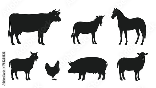 Farm animal silhouettes set isolated on white background, Vector