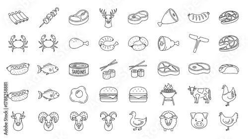 Meat and Seafood Line Icons — Minimalist Black and White Food Illustration Grid Featuring Animal and Meal Symbols on White Background