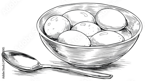 Elegant Drawing of Bowl of Eggs and Spoon with Spoon in it