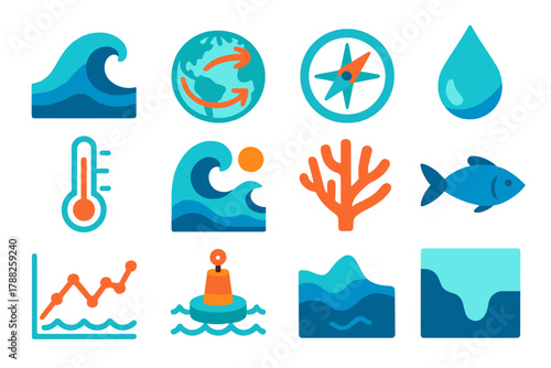 Vibrant Marine Icons. Marine Flow Patterns flat icons: ocean wave, current arrow, globe map, compass, water droplet, temperature gauge, tide symbol, coral icon, fish silhouette,