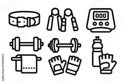 Strength Training Icons. Strength Training Tools linear icon set: lifting belt, hand grips, dumbbell set, treadmill console, barbells, water bottle, towel, gym gloves.