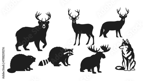 North american wildlife animal silhouettes isolated on white background, Vector