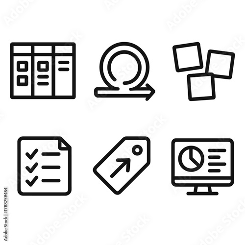 Scrum Tools Icons. Scrum Tools linear icon set: task board, progress tracker, post-it notes, checklist, priority tag, dashboard monitor.