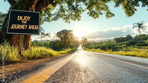 Scenic road with a sign urging travelers to enjoy the journey ahead.