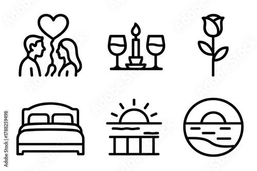 Romantic Sunset Silhouettes. Romantic Getaway linear icon set: couple silhouette, heart-shaped balloon, candlelight dinner, wine glasses, rose, cozy bed, sea view, sunset.