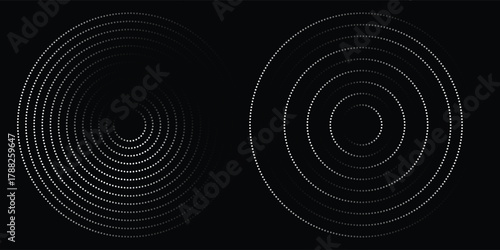Halftone circular dotted frames set. Circle dots texture isolated on white background. Spotted spray texture. Vector abstract design element spiral circle sound wave vector logo modern black and white
