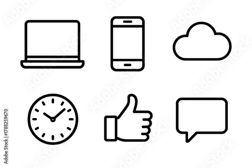 Tech Icons Display. Digital responsiveness linear icon set: laptop, smartphone, cloud, clock, thumbs up, message icon.