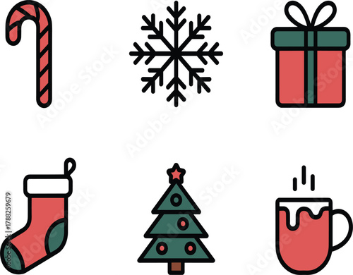 Cartoon Christmas and Winter Holiday Flat Icon Set - Candy Cane, Snowflake, Gift, and Tree Vector Graphic