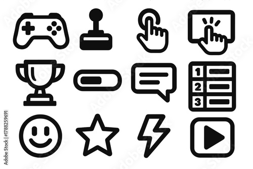 Brutalist Gaming Icons. Game User Interaction silhouette icon set: controller, joystick, button press, screen tap, trophy, progress bar, chat window, score board, reaction emoji,