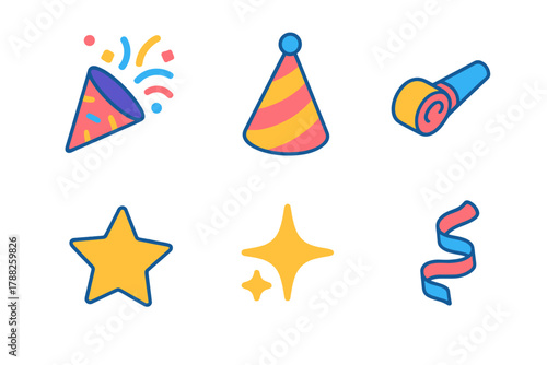 Vibrant Party Icons. Party Confetti modern flat icons set: Confetti, Hat, Noise Maker, Ribbon, Star, Sparkle.